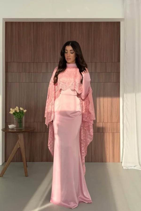 Satin And Lace High Neck Long Sleeves High-Waisted Long Mermaid Prom Dress With Cape