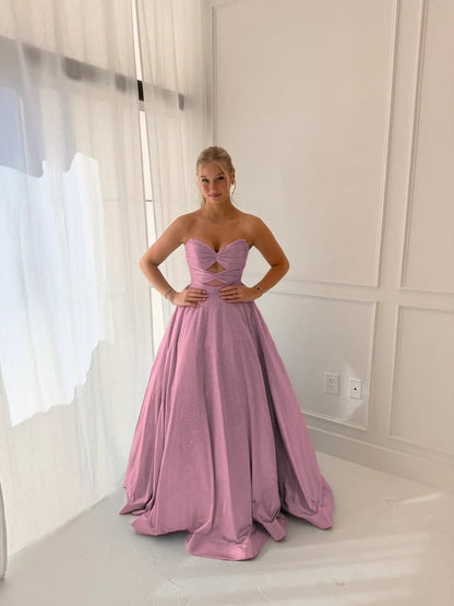 Satin V-Neck Strapless Sleeveless Long A-Line Prom Dress With Pleated And Rhinstone