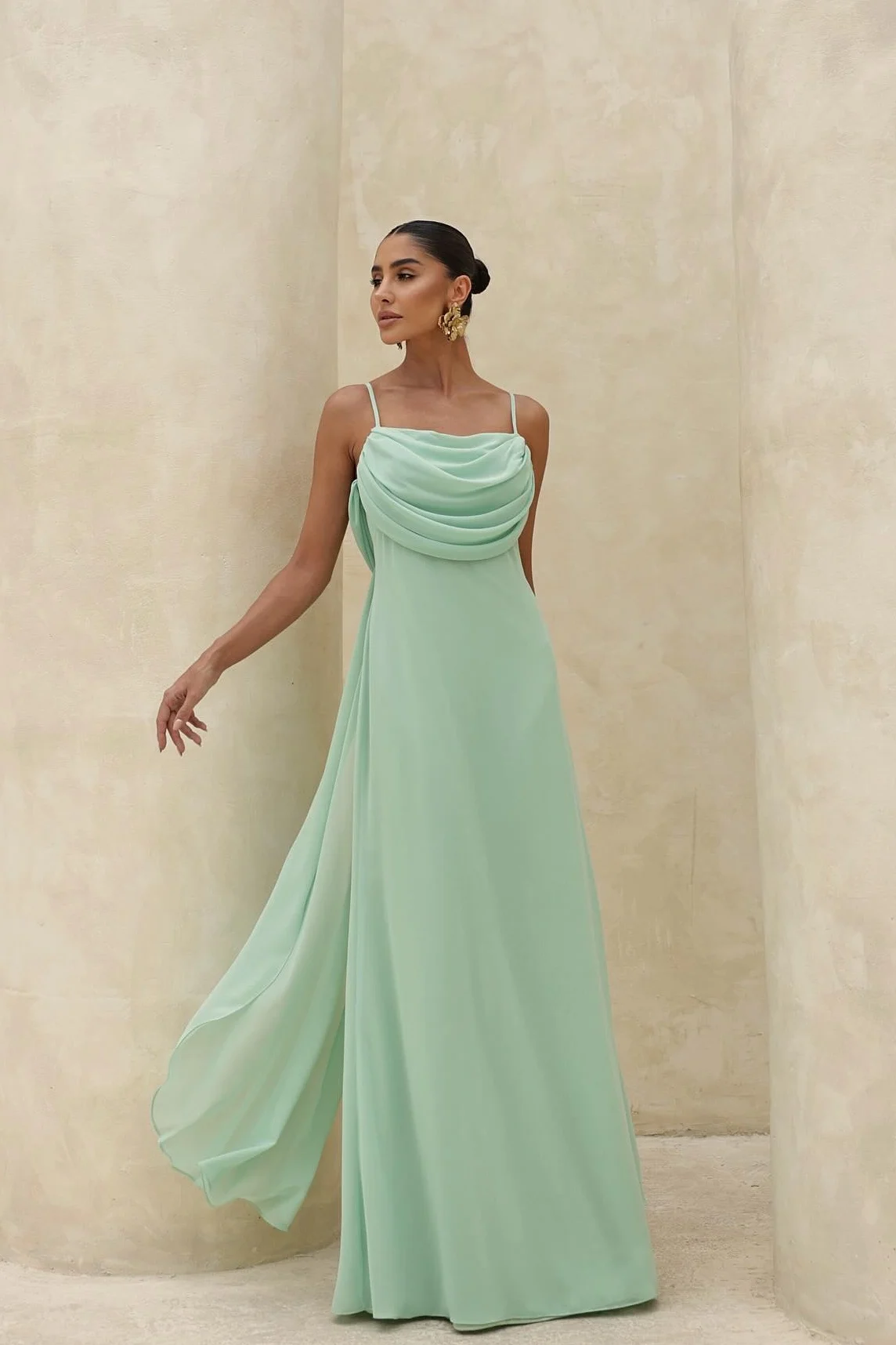 Sage Spaghetti Straps Square Prom Dress Backless with Pleated