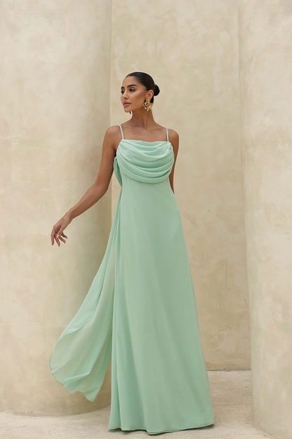 Sage Spaghetti Straps Square Prom Dress Backless with Pleated
