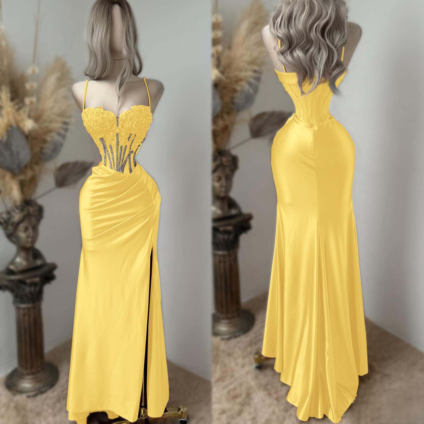 Sweetheart Spaghetti Straps Sleeveless Long Pleated Mermaid Prom Dress With Split And Rhinstone