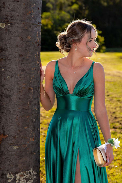 Hot Pink Plunge A-line Satin Formal Prom Dress
