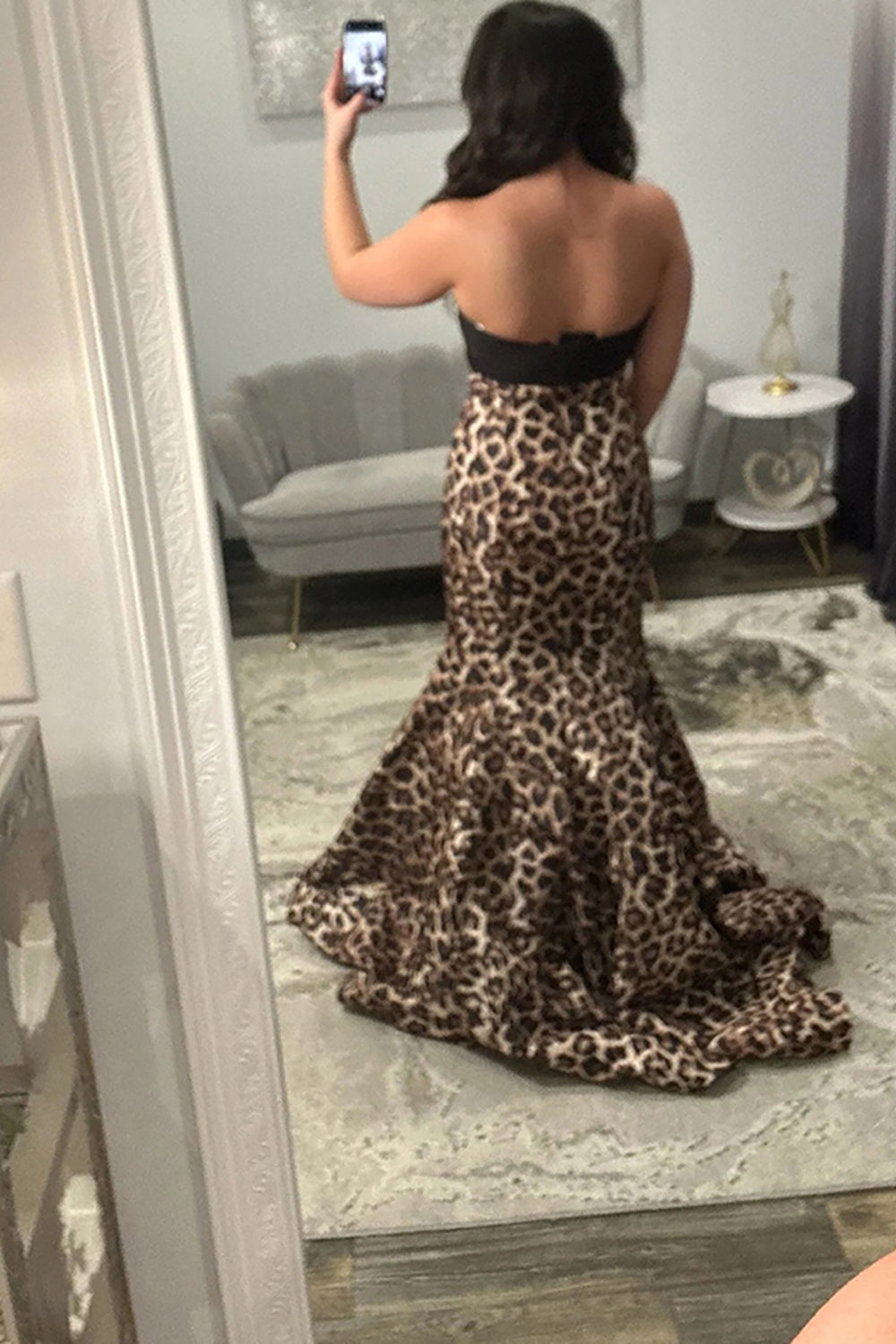 Mermaid Strapless Black Leopard Long Prom Dresses with 3D Flower