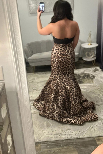 Mermaid Strapless Black Leopard Long Prom Dresses with 3D Flower