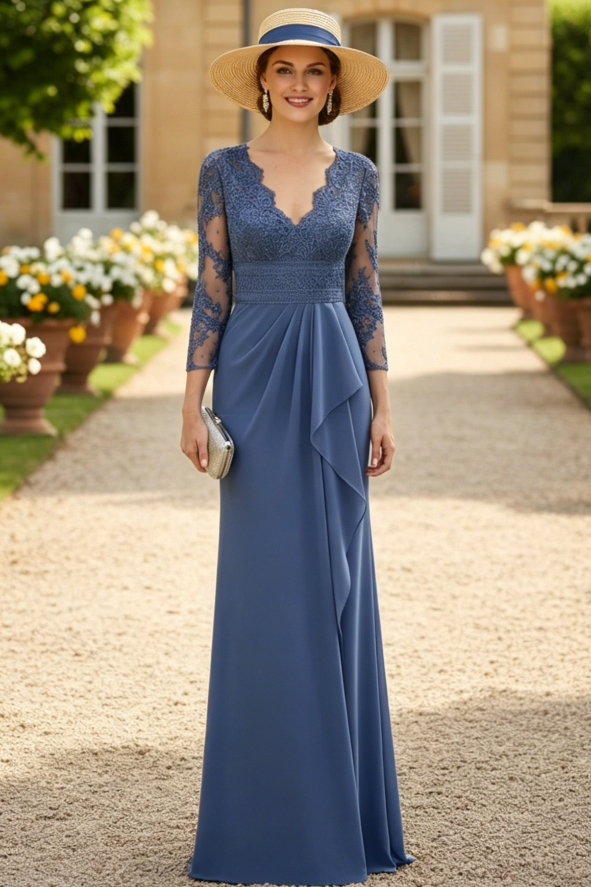 V-Neck Long Sleeves Sweep Train Chiffon/Lace Mother Of The Bride Dresses