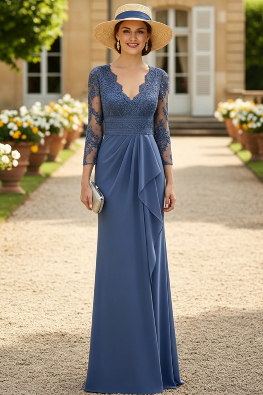 V-Neck Long Sleeves Sweep Train Chiffon/Lace Mother Of The Bride Dresses