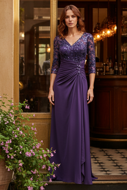 A-Line V-Neck Floor-Length Chiffon Mother Of The Bride Dress With Lace Sequins