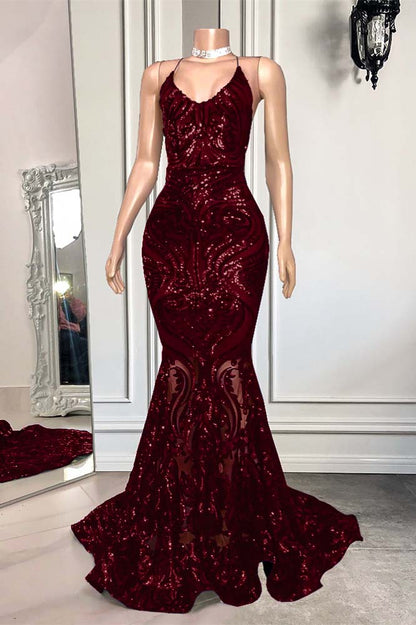 Mermaid Spaghetti Strap Sleeveless Royal Blue Long Prom Dress With Sequins