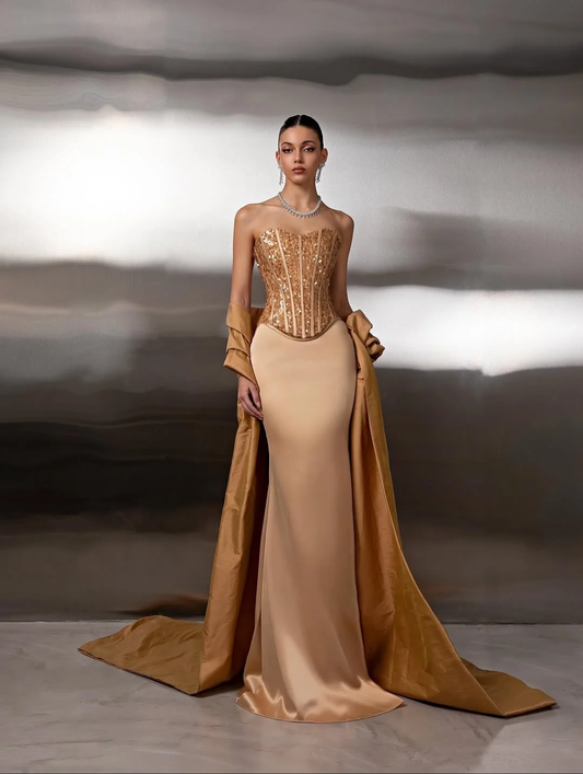 Satin Strapless Sleeveless Long Mermaid Prom Dress With Ruffles And Sequins