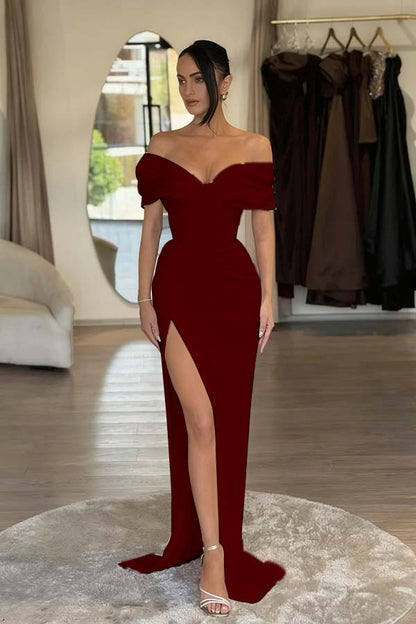 V-Neck Off-The-Shoulder Sleeveless Long Mermaid Prom Dress With Pleated And Split
