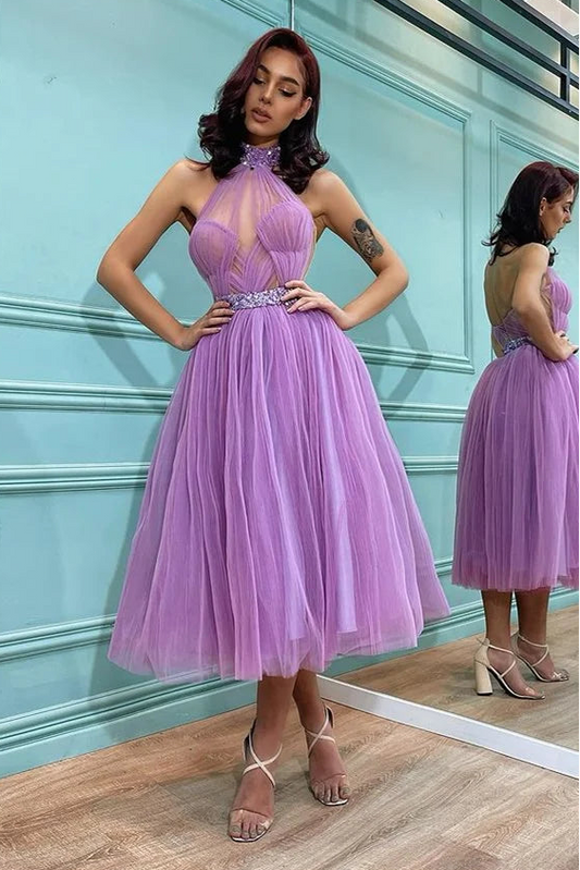 Purple Tulle High Neck Sweetheart Sleeveless A-Line Prom Dress with Beadings