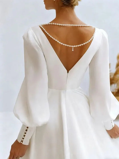 A-Line V-Neck Long Sleeves Sweep Train Chiffon Wedding Dresses