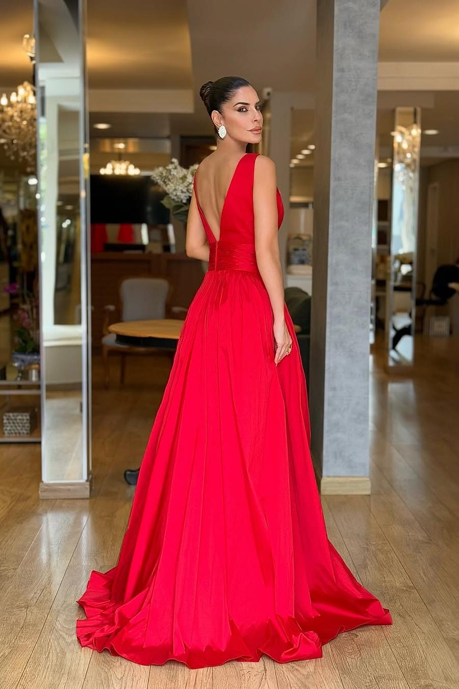 Miabel Chic Red Satin Spaghtti Strap Sleeveless V Neck Long Prom Dress with Pleated