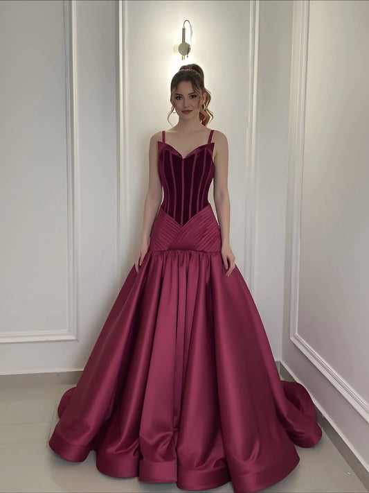 Classic Burgundy Spaghetti-Straps Pleated Sleeveless Floor Length Prom Dress YK0678