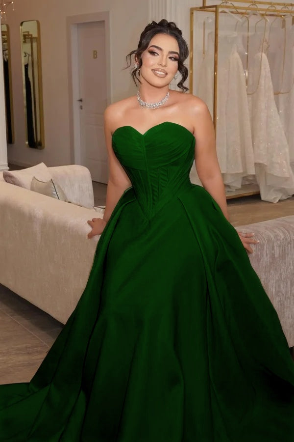 Satin Sweetheart Strapless Sleeveless Long Pleated Mermaid Prom Dress With Corset