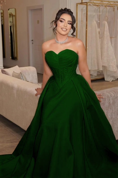 Satin Sweetheart Strapless Sleeveless Long Pleated Mermaid Prom Dress With Corset