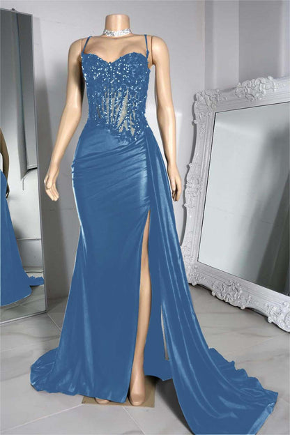 Exquisite Black Spaghetti Strap Sleeveless Pleated Long Split Prom Dress With Beading