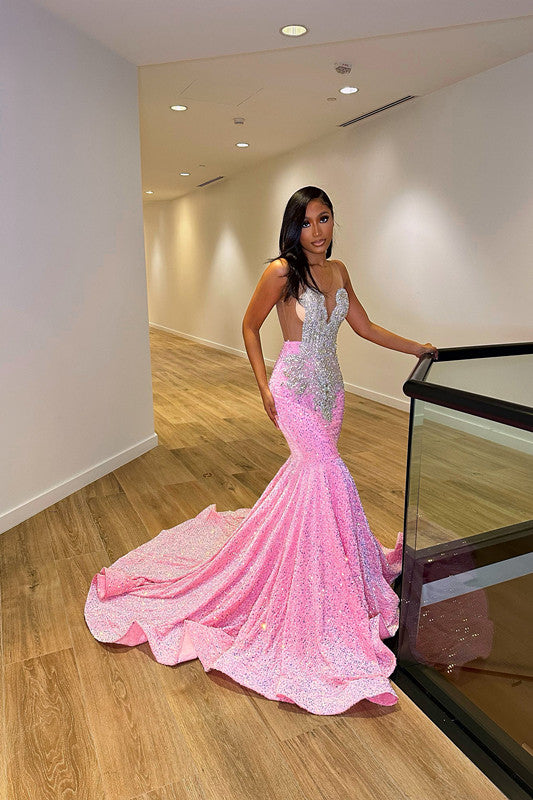 Glamorous Sliver And Pink V Neck Mermaid Prom Dress Sleeveless With Appliques