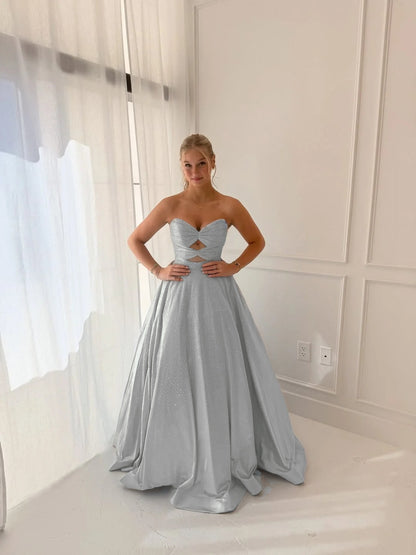 Satin V-Neck Strapless Sleeveless Long A-Line Prom Dress With Pleated And Rhinstone