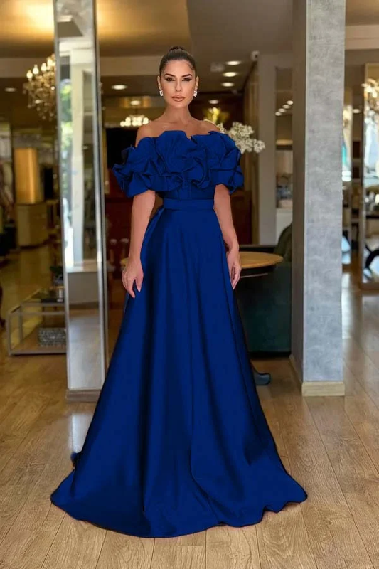 Satin Off-The-Shoulder Strapless High-Waisted Long A-Line Prom Dress With Ruffles