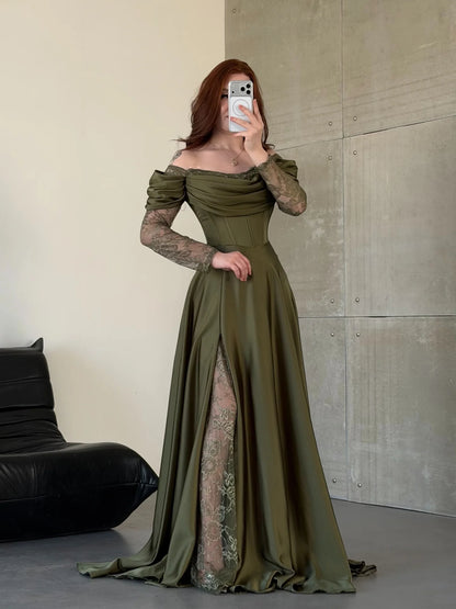 Green Off-The-Shoulder Lace Long Sleeves Split A-Line Evening Dress