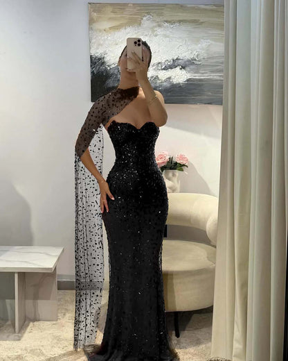 Tulle V-Neck Strapless Sleeveless Long Mermaid Prom Dress With Sequins And Ruffles