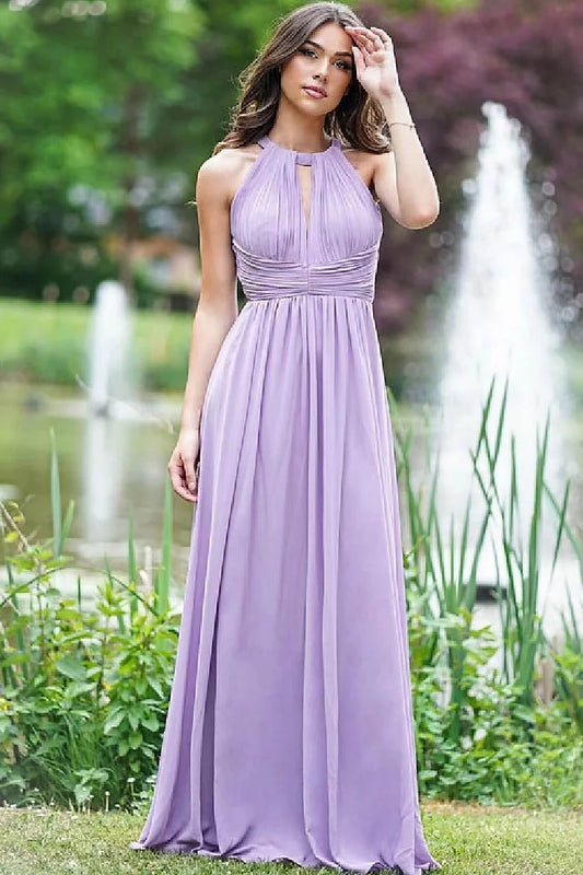 Elegant Lilac Chiffon Halter Sleeveless Long Pleated A-Line Prom Dress