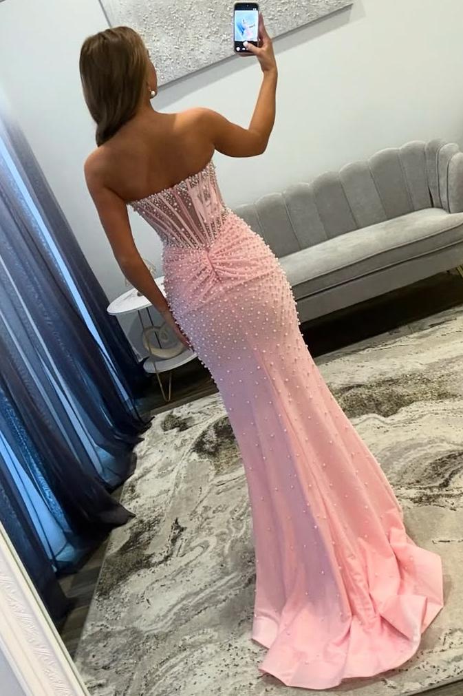 Mermaid Sweetheart Corset Pink Pearls Beaded Long Prom Dresses with Slit