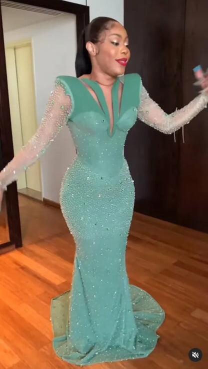 Shinning Applique Long Sleeves Green Mermaid Floor Length Prom Dress