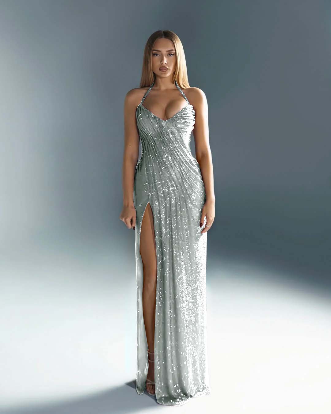 Halter V-Neck Strapless Sleeveless Long Mermaid Prom Dress With Split And Pleated