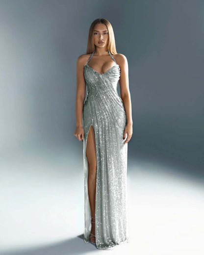 Halter V-Neck Strapless Sleeveless Long Mermaid Prom Dress With Split And Pleated
