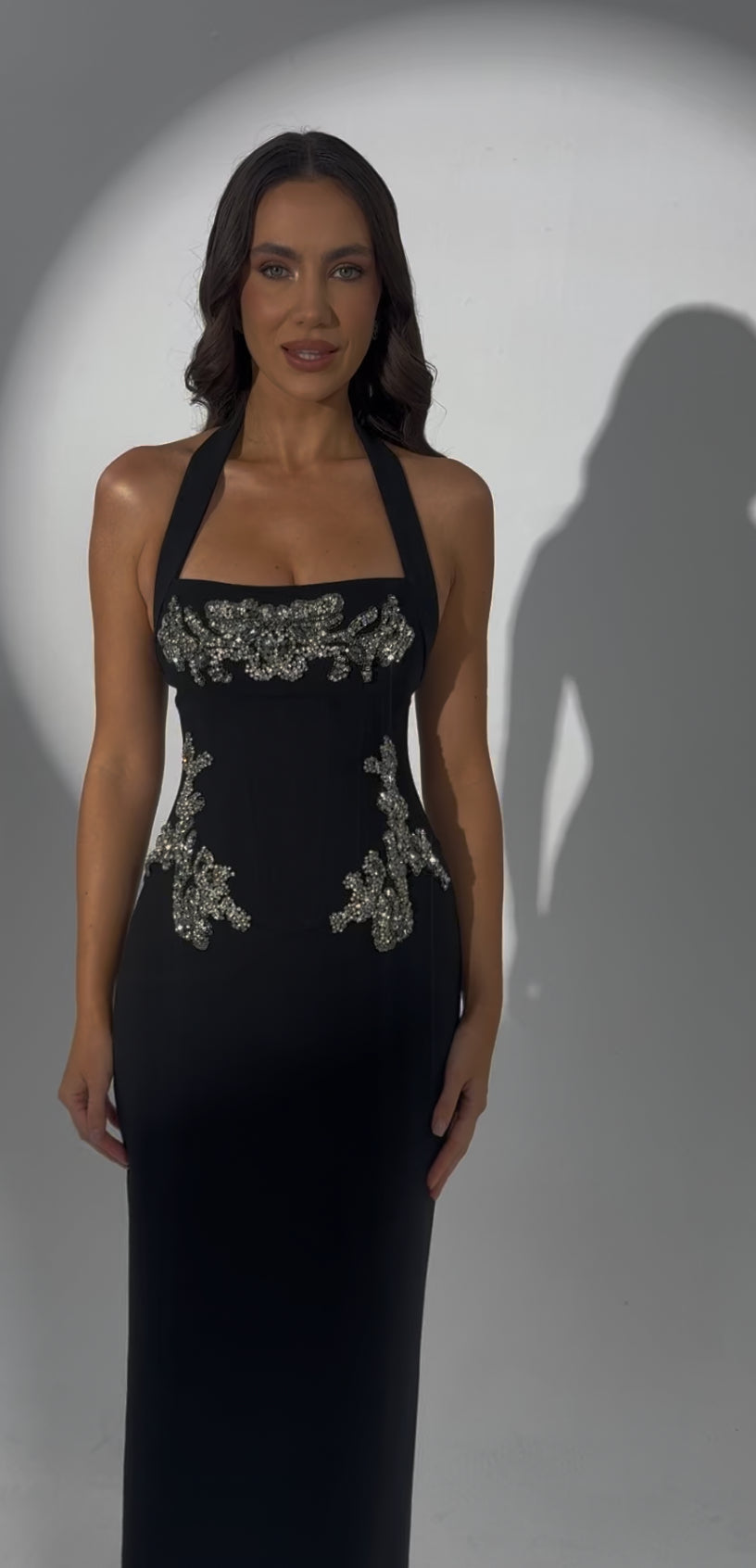 Black Halter Sleeveless Sparkle Applique Mermaid Evening Dress