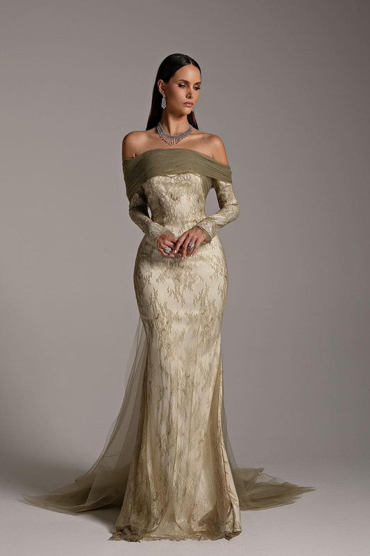 Tulle And Lace Off-The-Shoulder Long Sleeves Long Mermaid Prom Dress With Ruffles And Embroidery