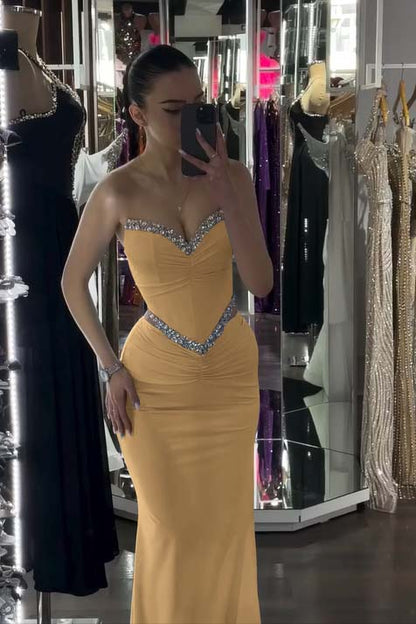 Spandex V-Neck Strapless Sleeveless Long Mermaid Prom Dress With Pleated And Rhinstone