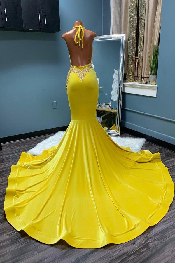 Mermaid Yellow Halter Backless Classic Prom Dress With Appliques
