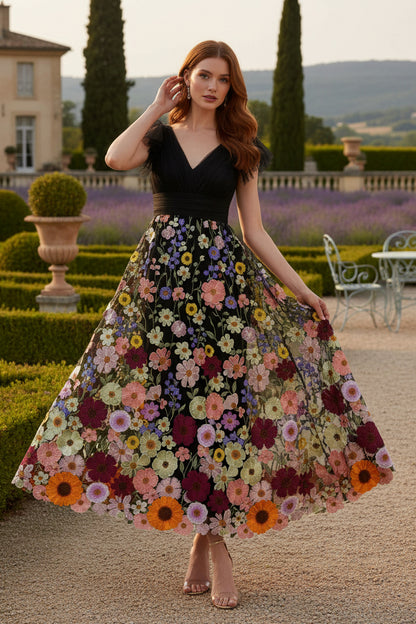 Black Flowers Sleeveless V-Neck Ankle-Length Evening Dress