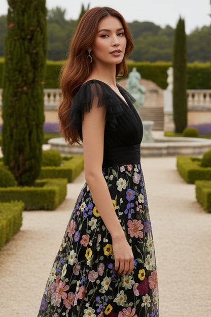 Black Flowers Sleeveless V-Neck Ankle-Length Evening Dress