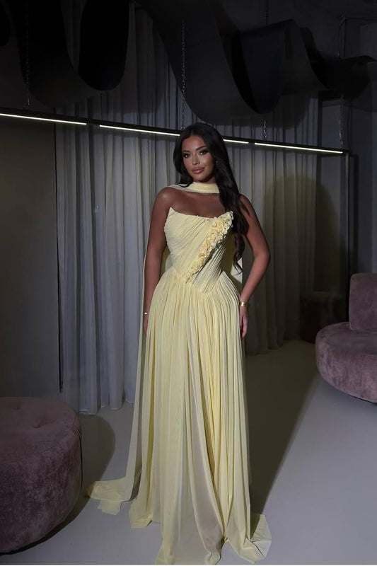 Chiffon Strapless Sleeveless Long Pleated A-Line Prom Dress With Flowers And Ruffles