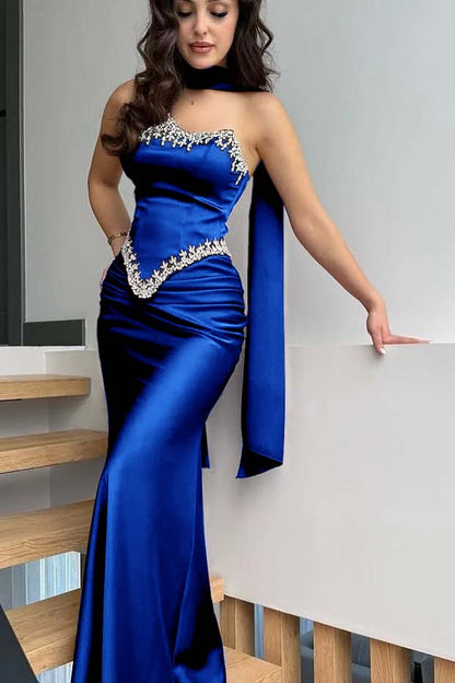 Satin Strapless Sleeveless Long Mermaid Pleated Prom Dress With Ruffles And Appliques