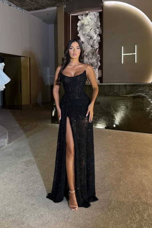 Glamorous Beaded Black Applique One Shoulder Sleeveless Mermaid Prom Dress