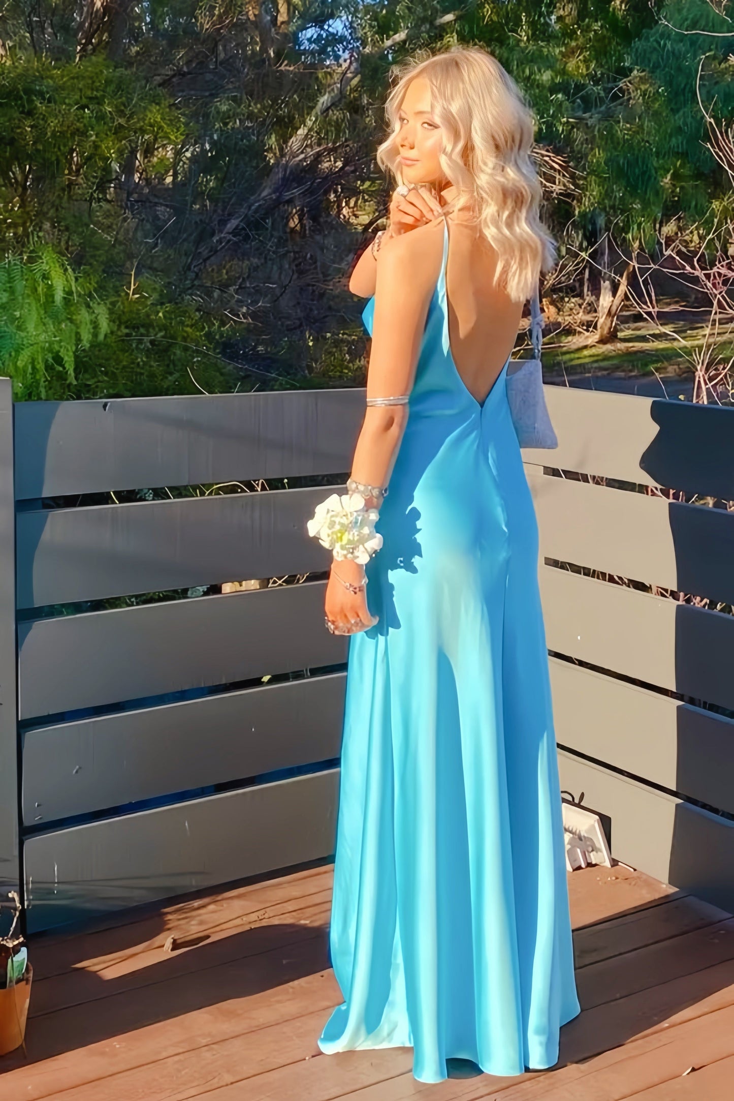 Blue Spaghetti Straps Cowl Neck Slit Dress