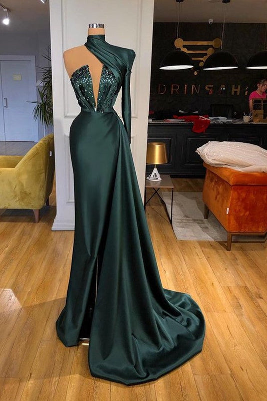 One Shoulder High Neck Pleated Long Prom Dress Dark Green With Beadings