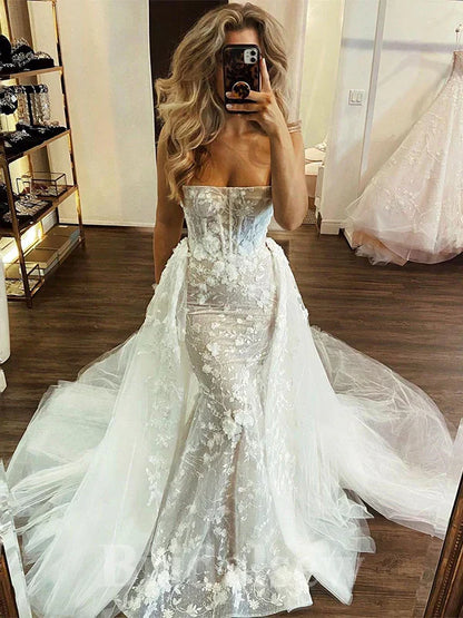 Charming Strapless Mermaid Princess Beach Vintage Long Wedding Dresses Bridal Gown