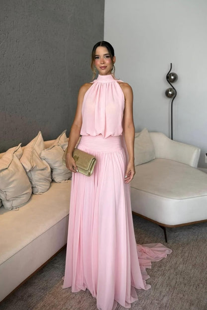 Miabel Pink Elegant High Neck Tulle Pleated Sleeveless Prom Dress