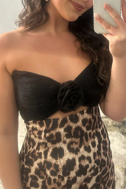Mermaid Strapless Black Leopard Long Prom Dresses with 3D Flower
