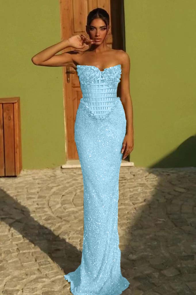 Sleeveless Strapless Long Mermaid Prom Dress With Sequin Pleated