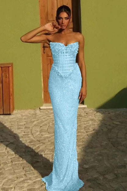Sleeveless Strapless Long Mermaid Prom Dress With Sequin Pleated