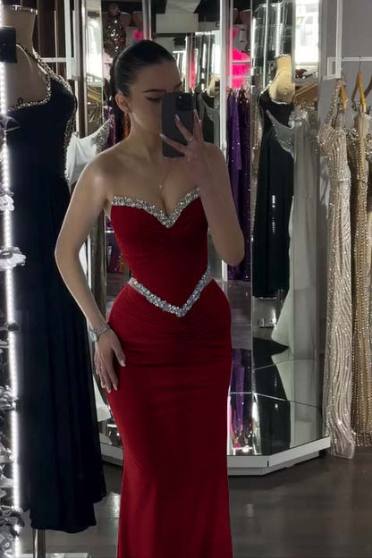 Spandex V-Neck Strapless Sleeveless Long Mermaid Prom Dress With Pleated And Rhinstone