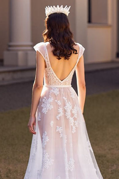 Cap Sleeves V-Neck A-Line Wedding Dresses Open Back With Lace Appliques
