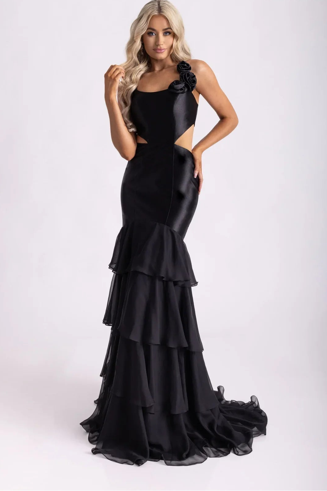 Romantic Rachel Allan Prom Dresses with Satin 3D Floral Cutout and Tiered Ruffle Skirt